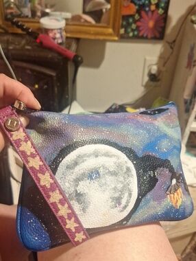 Hand-Painted Moon Wristlet Clutch in Blue & Purple